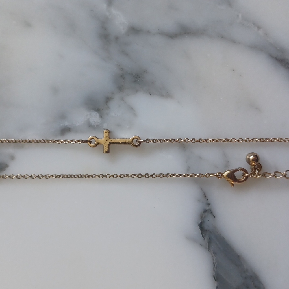 Dainty sideways cross chain necklace yellow gold tone